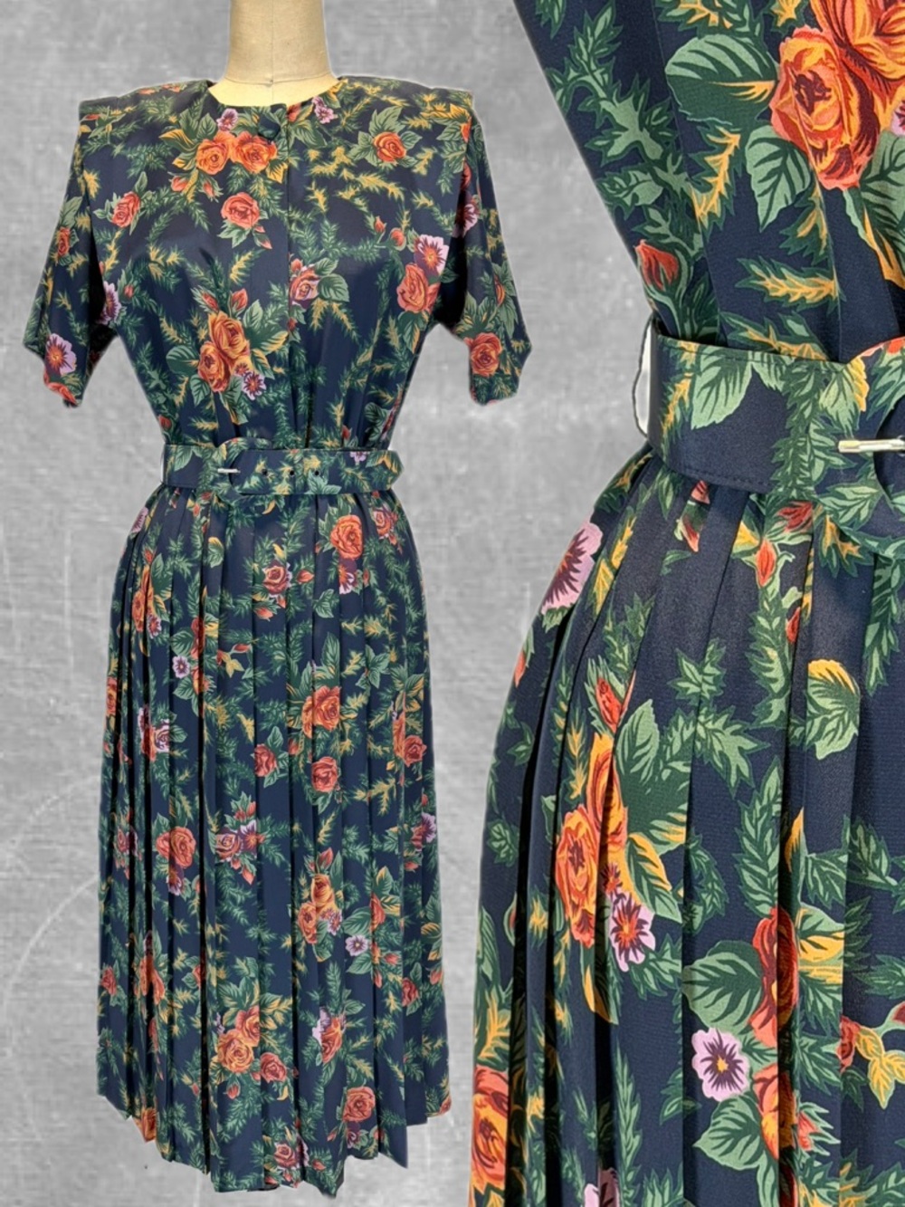 VINTAGE Leslie Fay moody‎ dark floral dress pleated skirt belted waist 80s 90s